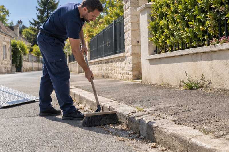 Bordure balayée avant la rampe : chantier Rue Anatole France