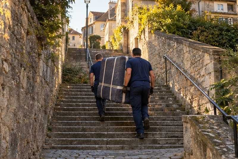 Malle montée par un escalier de rue : chantier Rue Aristide Briand