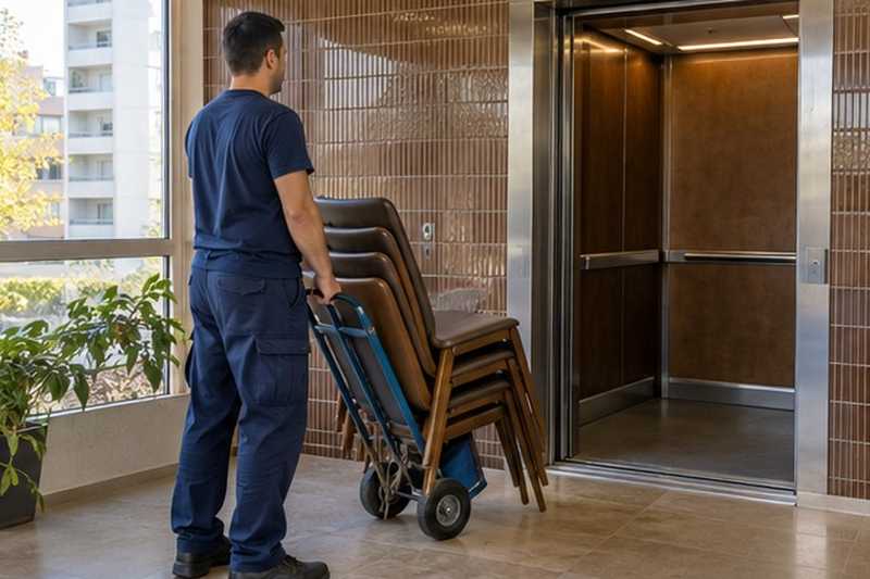 Chaises sur diable au palier : chantier Rue Anatole France