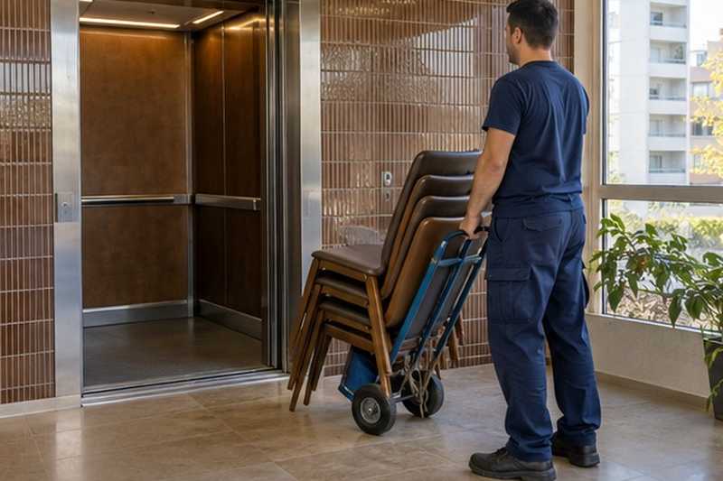 Chaises sur diable au palier : chantier Rue Charles Hildevert