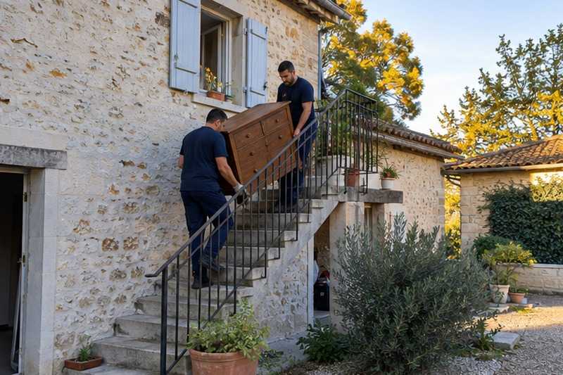 Escalier extérieur d’une grange aménagée : chantier Rue d’Orcheux
