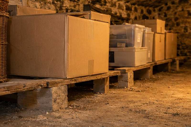 Cartons sur caillebotis en cave : chantier Rue de l’Écharpe d’Iris
