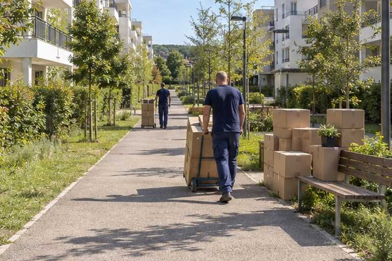Navette de cartons sur une longue allée : chantier Rue A Combattants Afrique Nord