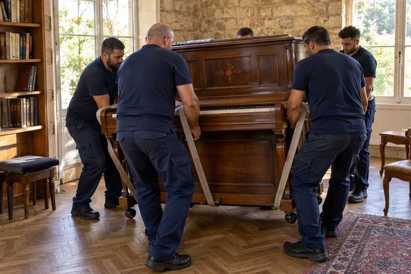 Piano droit soulevé à quatre : chantier Rue Albert Euvrard