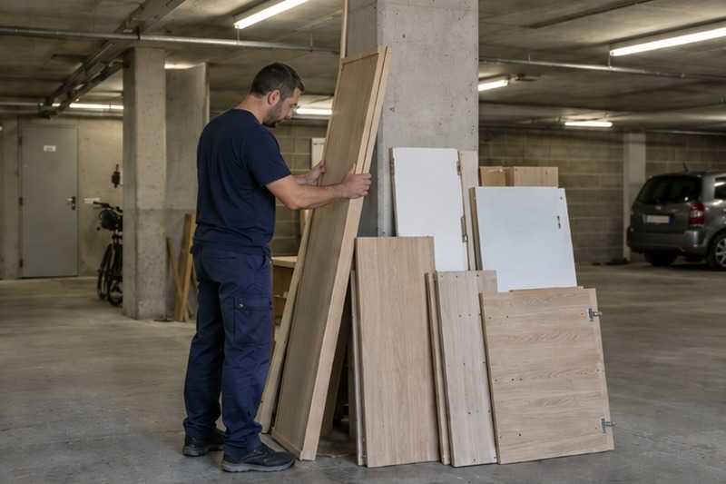 Éléments d’armoire contre un pilier : chantier Rue de la Corroirie