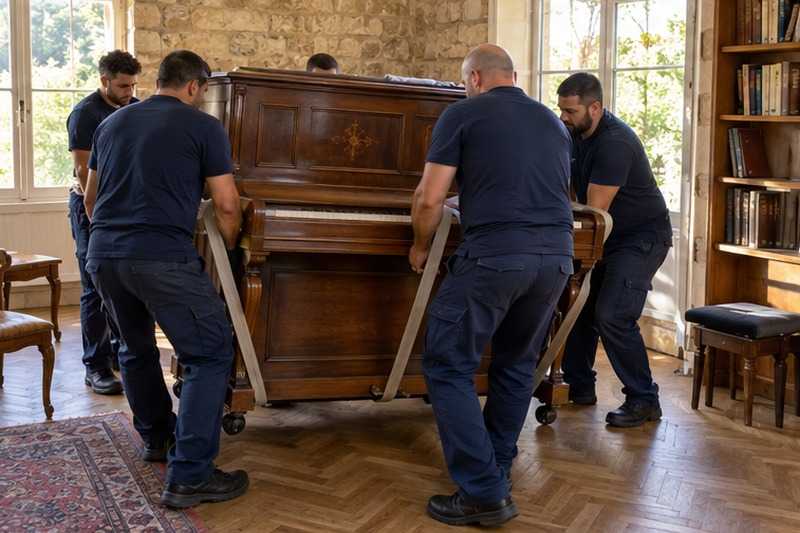 Piano droit soulevé à quatre : chantier Rue de Chailly