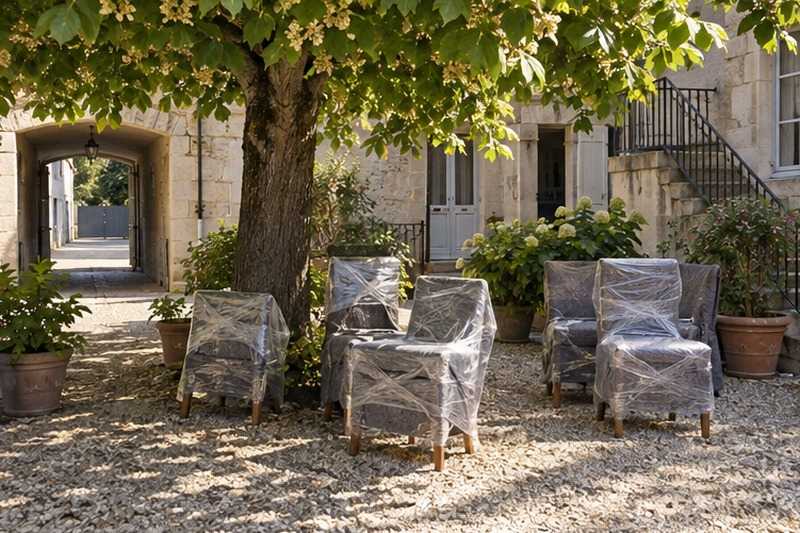 Chaises en attente sous un tilleul : chantier Rue de l’Angélus