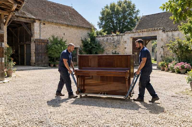 Piano porté dans une cour de ferme : chantier Rue d’Egrefins