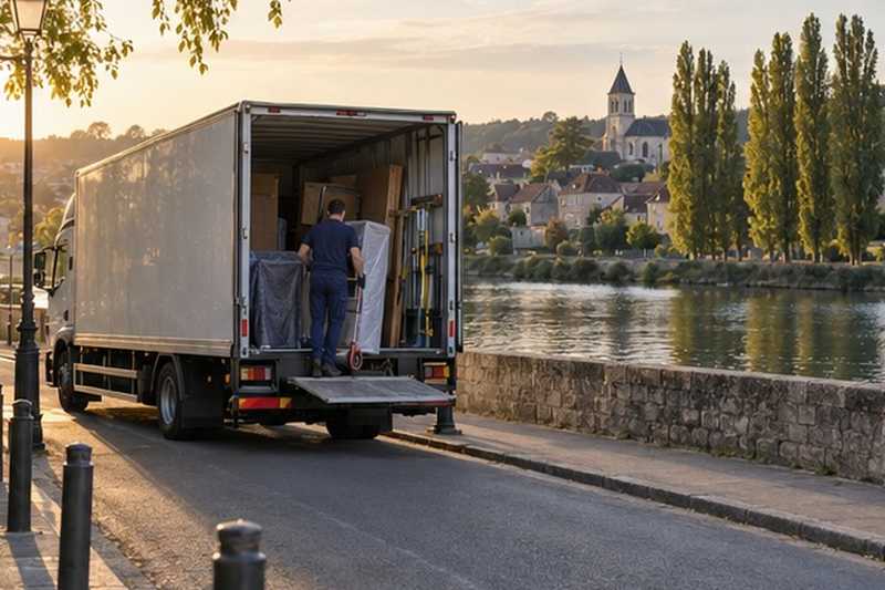 Camion le long d’un quai de rivière : chantier Rue Becoiseau