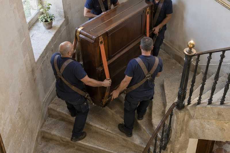 Piano droit descendu à la sangle : chantier Rue Abel Leblanc