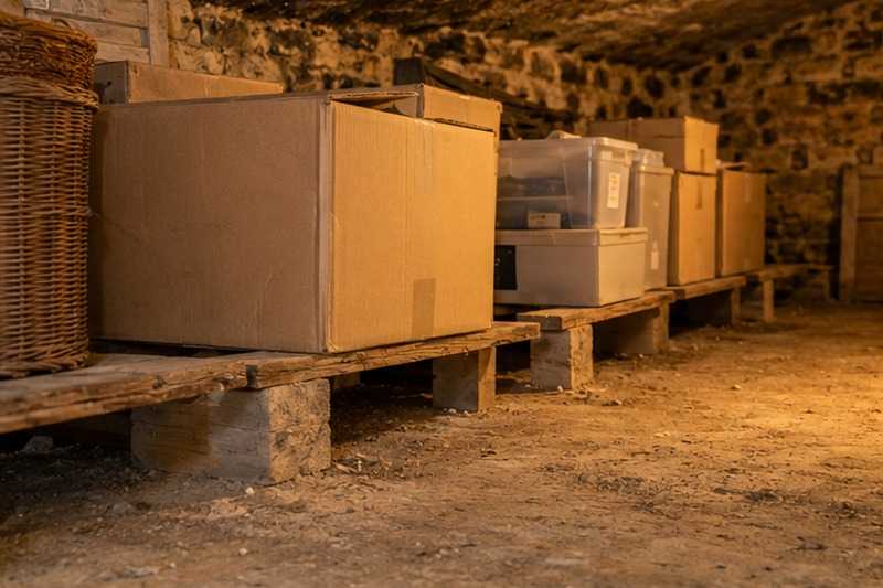 Cartons sur caillebotis en cave : chantier Rue d’Orgenoy
