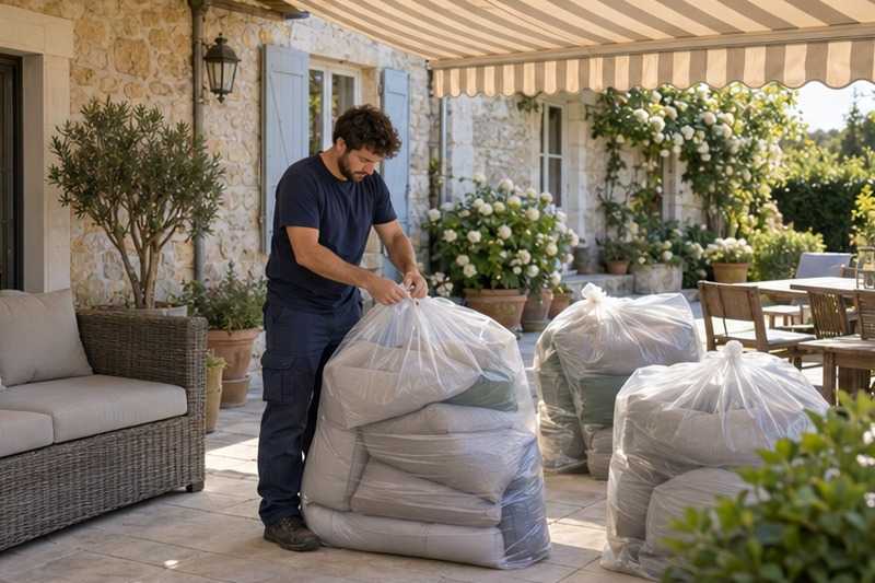 Coussins de salon de jardin ensachés : chantier Rue de Boissise