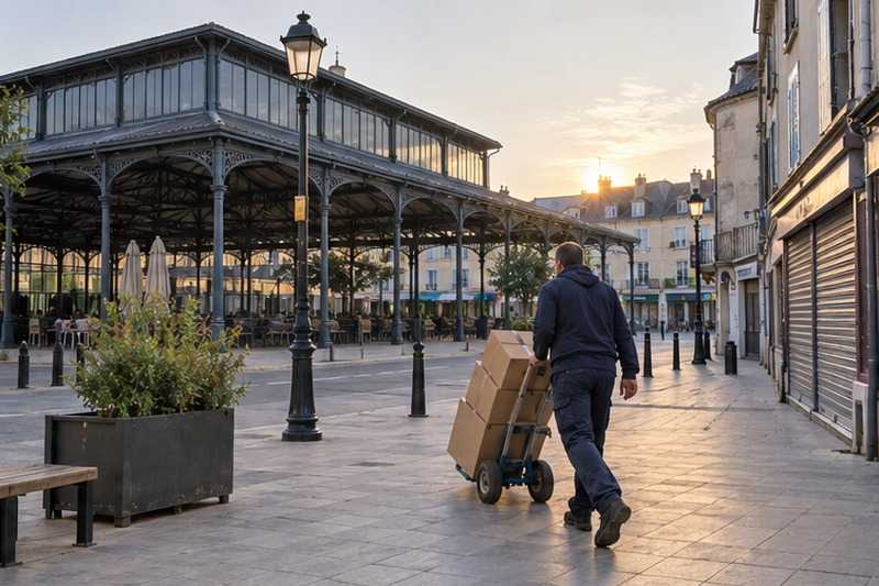 Halle fermée traversée à l’aube : chantier Rue Colette
