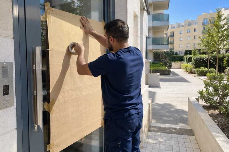 Vitre de porte protégée par du carton : chantier Rue de Boigne