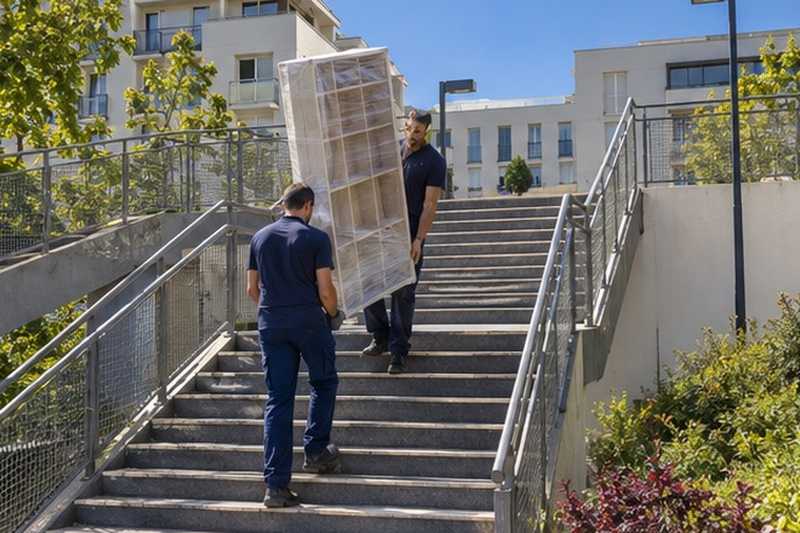 Bibliothèque montée sur un escalier de dalle : chantier Rue Albert Roussel