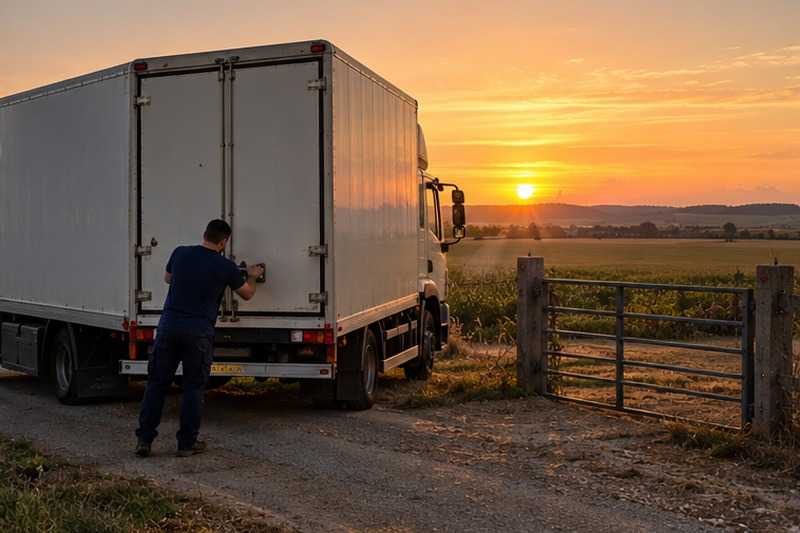 Camion fermé au coucher du soleil : chantier Rue de l’Abbe Rondeau