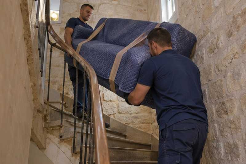 Canapé passé par-dessus la rampe : chantier Rue de l’Arquebuse