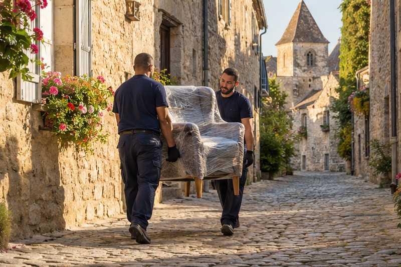 Chaise portée dans une ruelle pavée : chantier Rue André Malraux