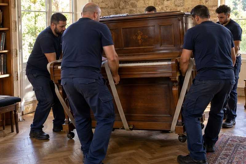 Piano droit soulevé à quatre : chantier Rue aux Buttes