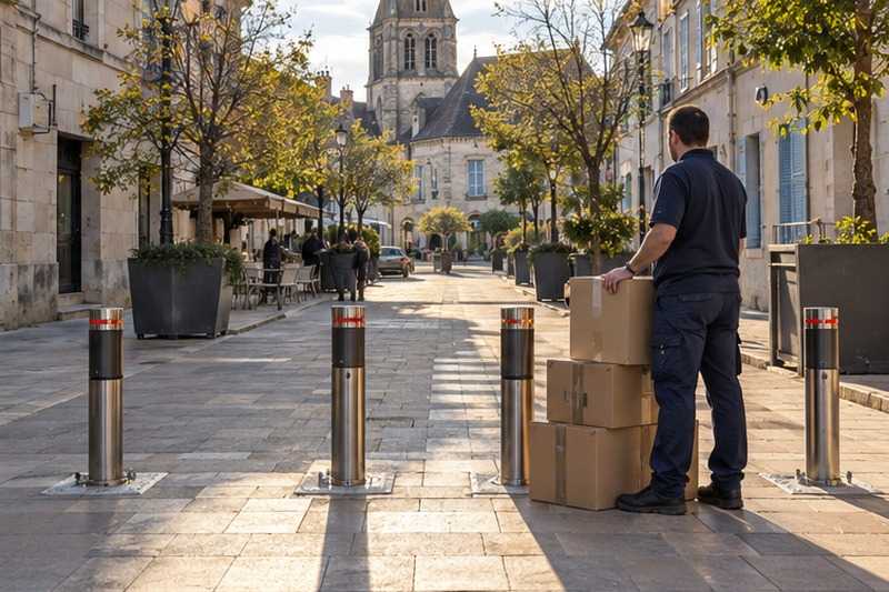 Attente aux bornes de la zone piétonne : chantier Rue Alexis du Tremblay