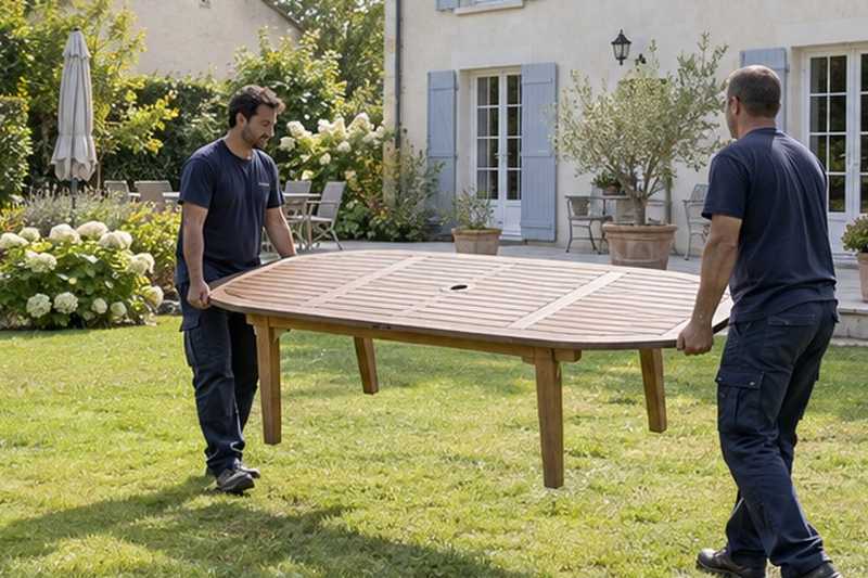 Table en teck portée sur la pelouse : chantier Rue de la Vallée