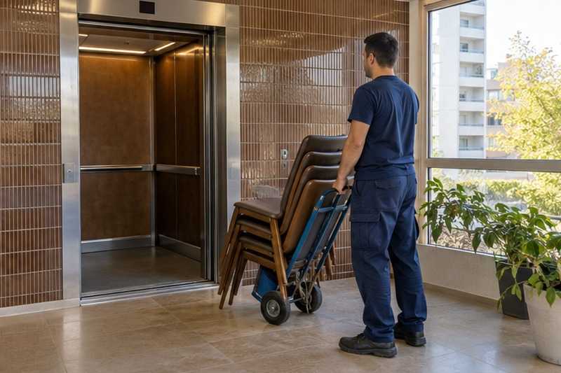 Chaises sur diable au palier : chantier Rue Albert Leduc