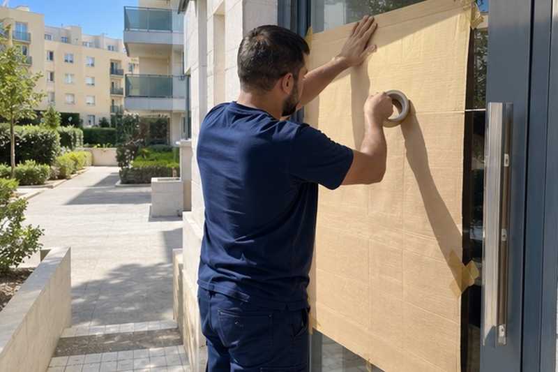 Vitre de porte protégée par du carton : chantier Rue de Forges