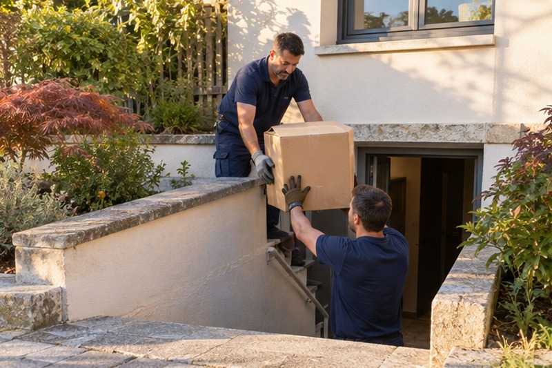 Chaîne de cartons sur des marches : chantier Rue de l’Abbaye
