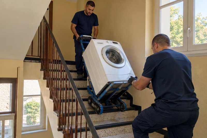 Lave-linge sur diable monte-escalier : chantier Rue des Bois