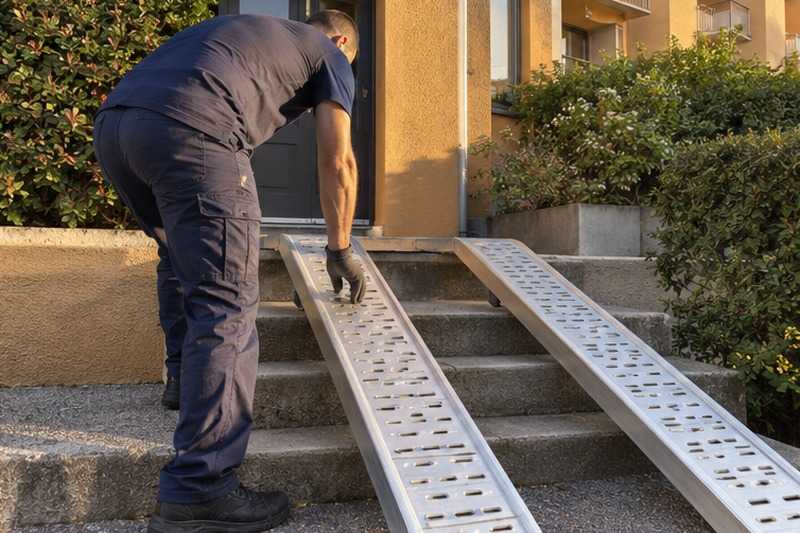 Rails posés sur trois marches : chantier Rue Barry Tricard