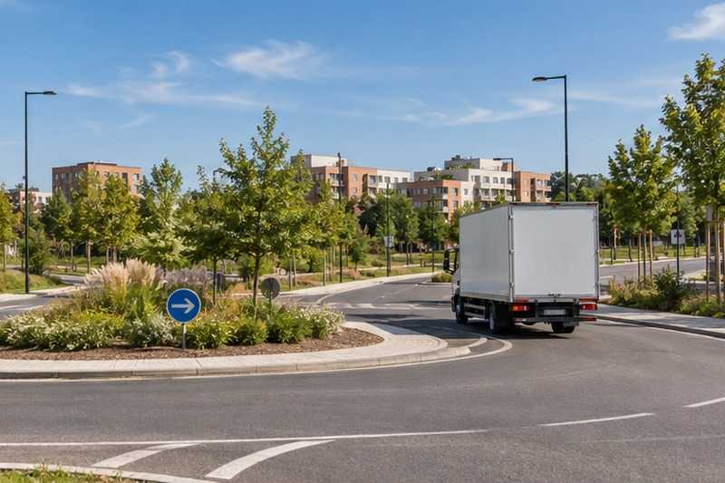 Sortie de rond-point en ville nouvelle