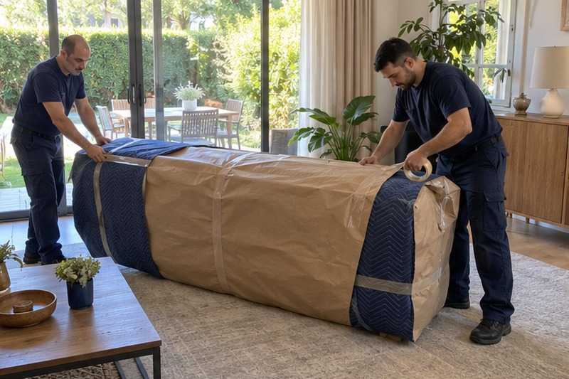 Canapé cuir sous kraft et couverture : chantier Grand Rue