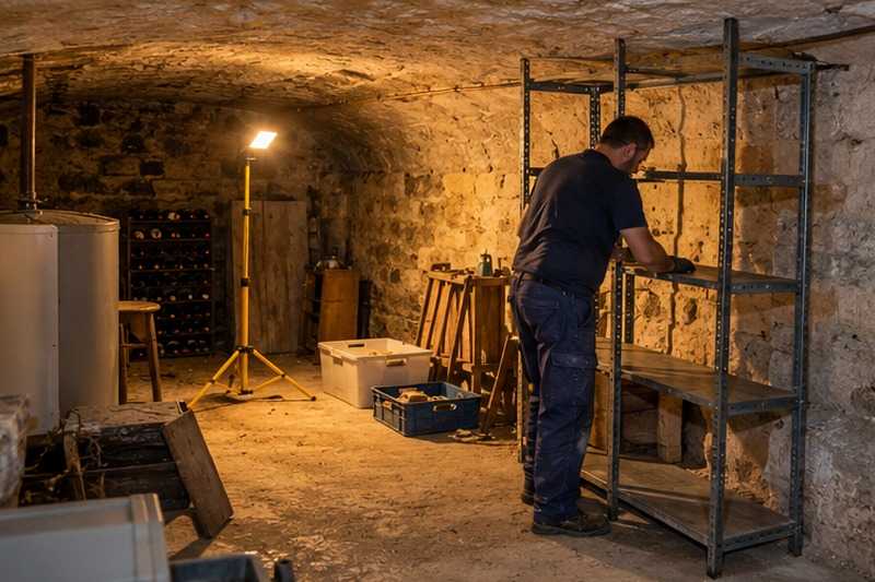 Étagère métallique démontée en cave : chantier Rue Alain