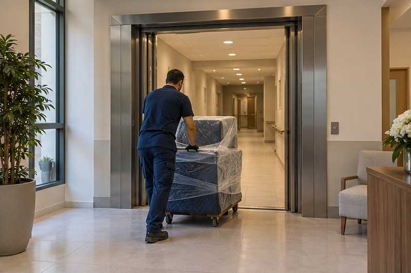 Fauteuil releveur dans un monte-charge : chantier Rue Alexandre Bickart