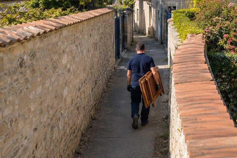 Table pliée dans un chemin entre murs : chantier Rue du Bac