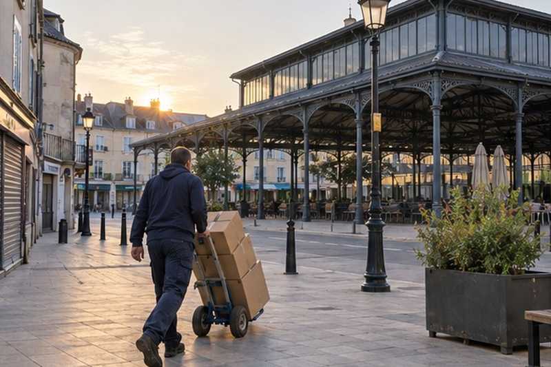 Halle fermée traversée à l’aube : chantier Rue André Nicolas
