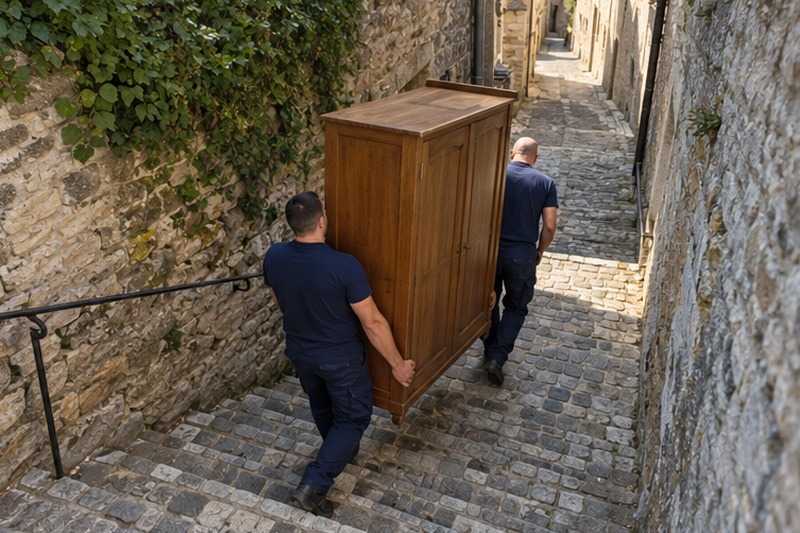 Armoire portée dans une ruelle en côte : chantier Rue Anna Jacquin