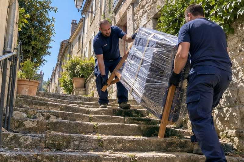Table tournée dans une venelle pentue : chantier Rue Cécile Dumez