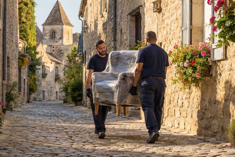 Chaise portée dans une ruelle pavée : chantier Grande Rue