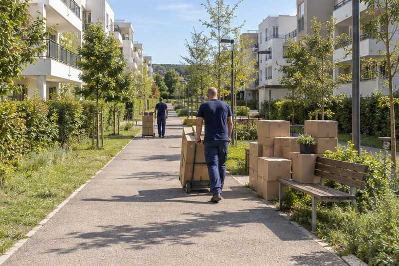 Navette de cartons sur une longue allée : chantier Boulevard Haussmann