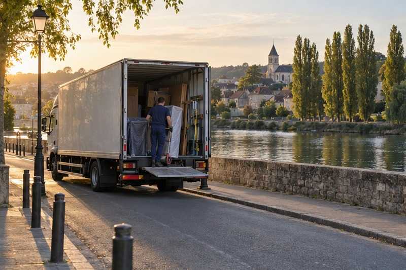 Camion le long d’un quai de rivière : chantier Rue Alexis Leonov