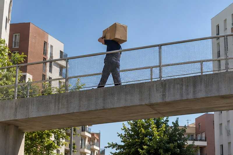 Carton porté sur une passerelle : chantier Rue Alexandre