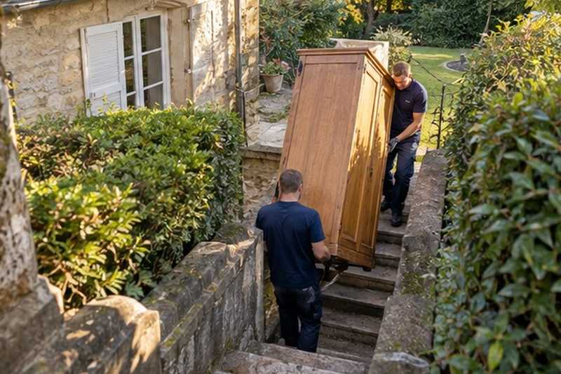 Bas d’armoire dans un escalier de jardin : chantier Rue Albert Einstein