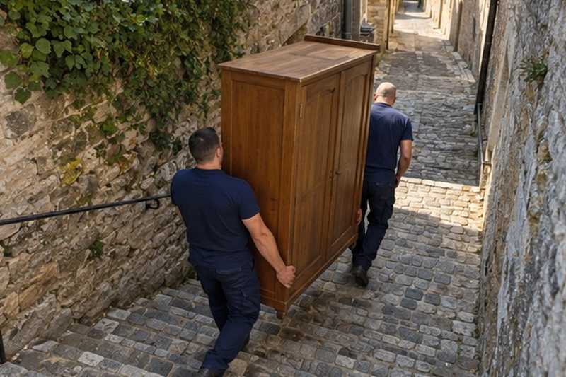 Armoire portée dans une ruelle en côte : chantier Rue Charles de Gaulle