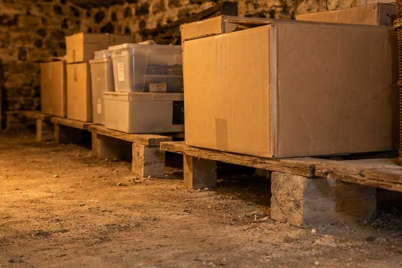 Cartons sur caillebotis en cave : chantier Rue Bleue