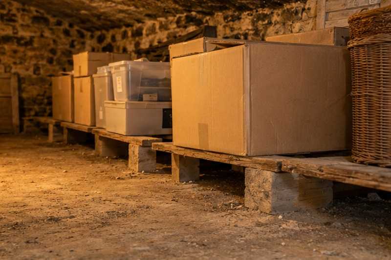 Cartons sur caillebotis en cave : chantier Route de Férolles