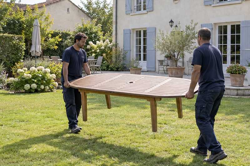 Table en teck portée sur la pelouse : chantier Rue Berthemont