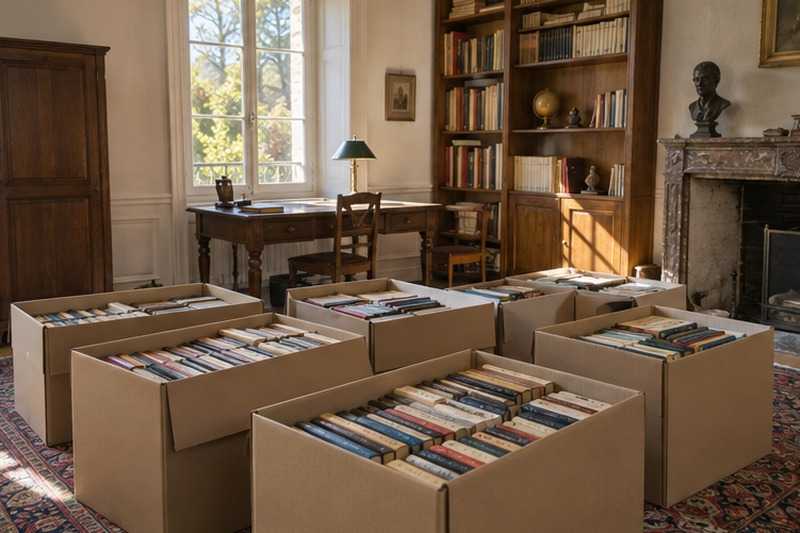 Livres couchés en cartons d’archives