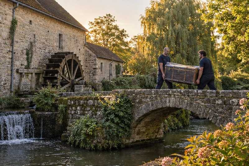 Malle portée dans la cour d’un moulin : chantier Grande Rue