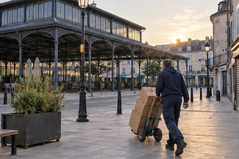 Halle fermée traversée à l’aube